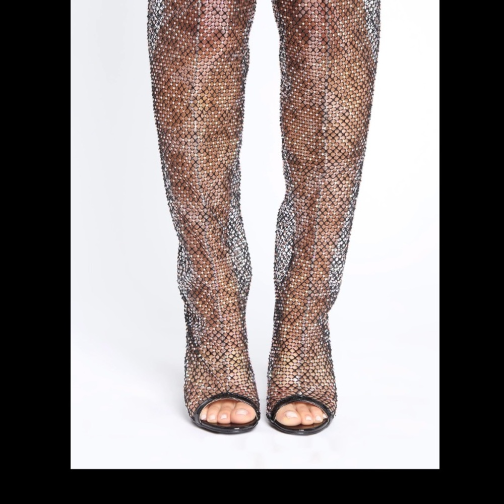 Fishnet Rhinestone Knee Boots - Picture 3 of 9